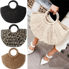 Straw Bag Women Hand-Woven Rattan Big Capacity Drawstring Beach Bag