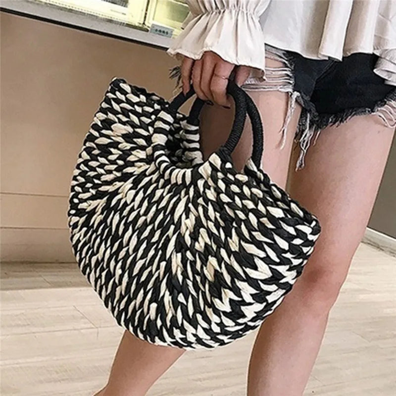 Straw Bag Women Hand-Woven Rattan Big Capacity Drawstring Beach Bag