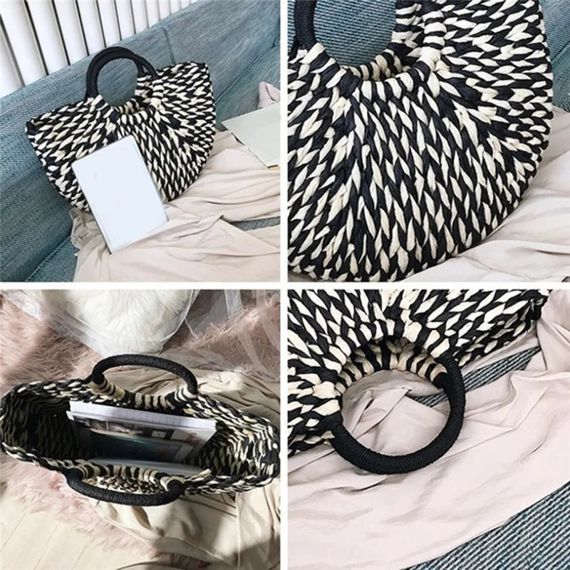 Straw Bag Women Hand-Woven Rattan Big Capacity Drawstring Beach Bag