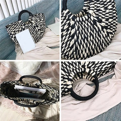 Straw Bag Women Hand-Woven Rattan Big Capacity Drawstring Beach Bag