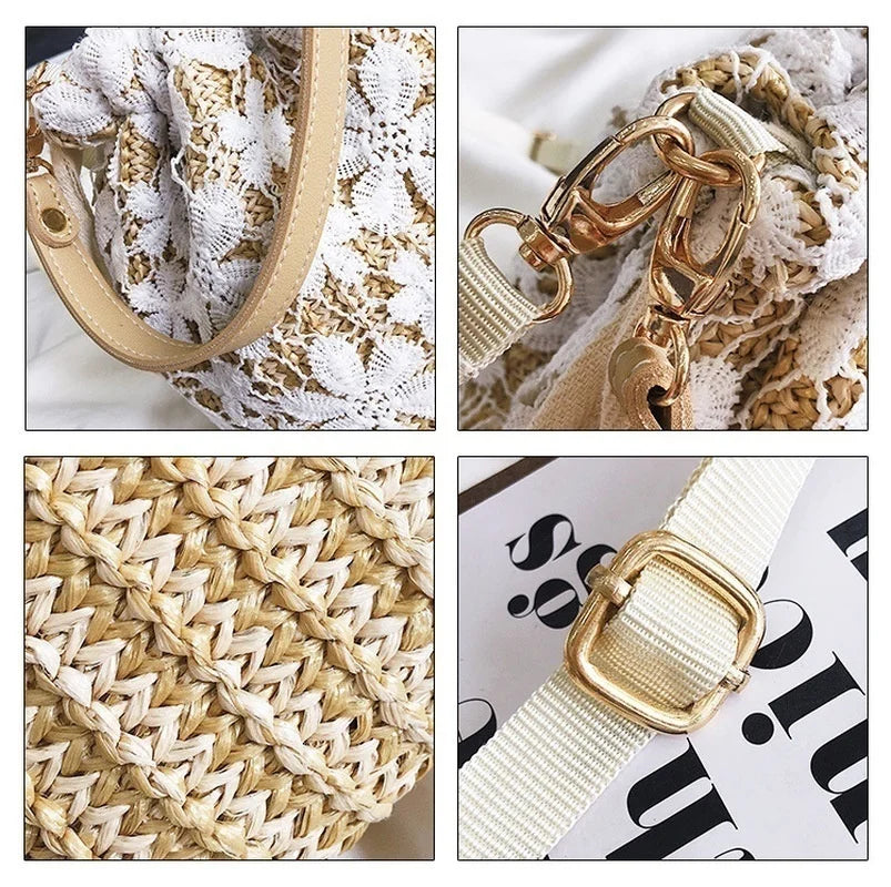 Women Lace Bucket Bag Causal Beach Shoulder Crossbody Bag