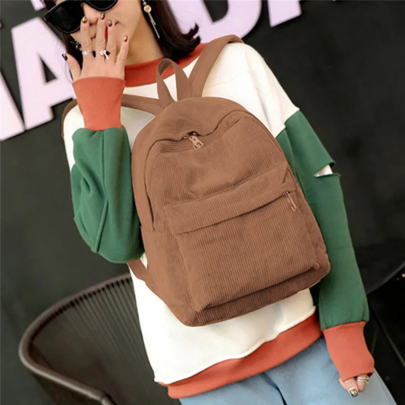 Soft Fabric Backpack for Girls Corduroy School Bag