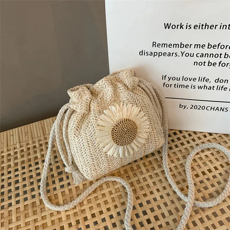 Sunflower Messenger Woven Bag Crochet Round Beach Bag Purses