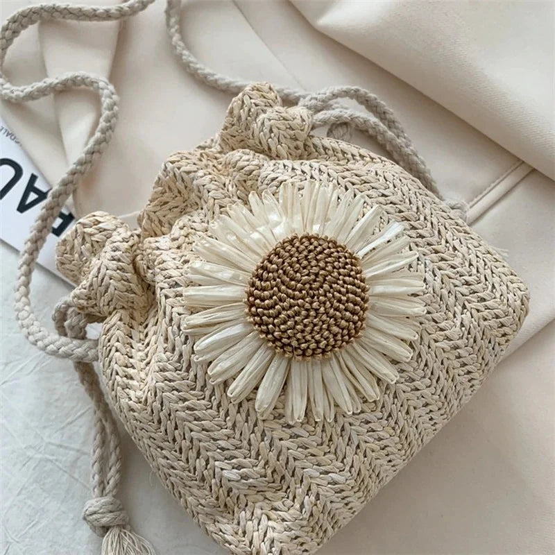 Sunflower Messenger Woven Bag Crochet Round Beach Bag Purses