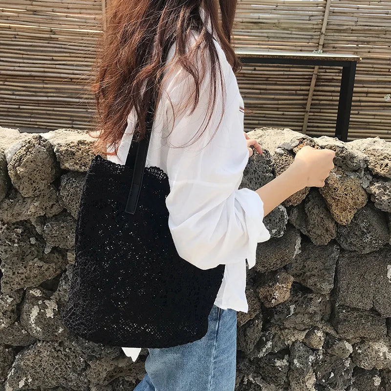 Summer Lace Bucket Shoulder Bag for Women Tote Shopping Handbag
