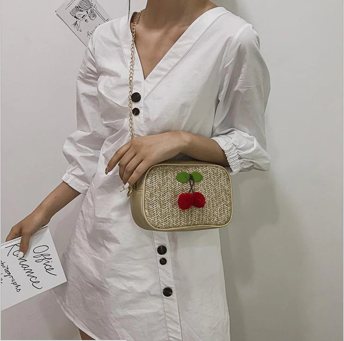 Women's Straw Woven Cherry Handbag Zipper Shoulder Beach Bag
