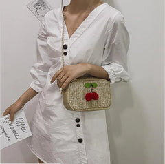 Women's Straw Woven Cherry Handbag Zipper Shoulder Beach Bag
