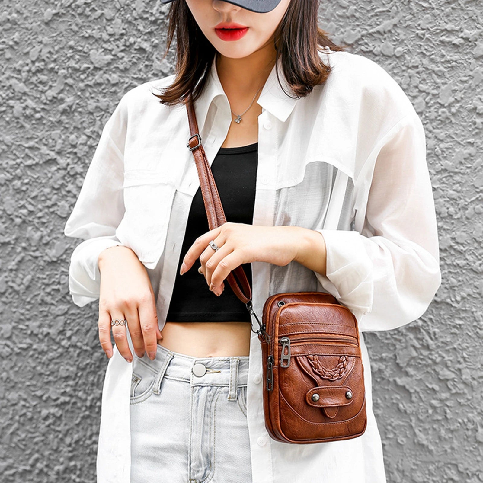 Textured Messenger Bag for Women Soft Leather Brown