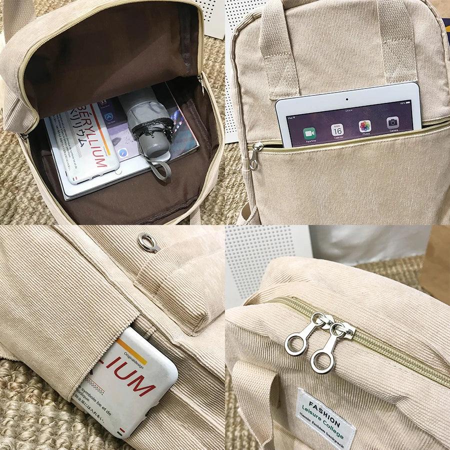 Corduroy Women Backpack College School Bag Harajuku Travel Shoulder Bags