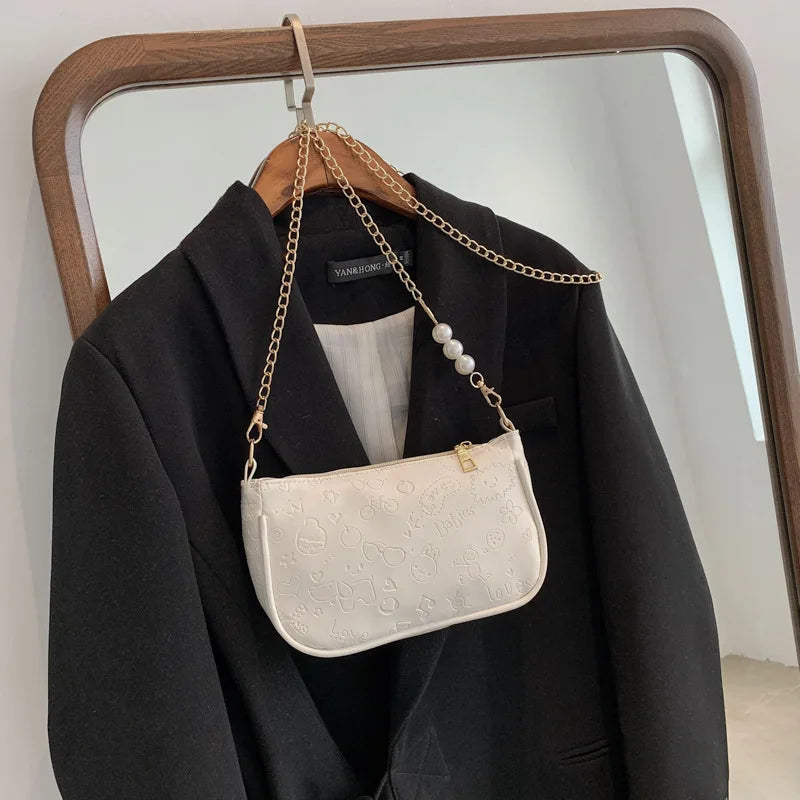 PU Leather Underarm Bag Print Handbag Zipper Small Square Bag