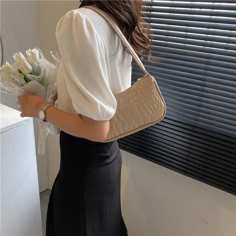 Women's PU Leather Underarm Bag Retro Solid Small Shoulder Handbag