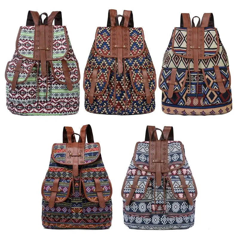 Vintage Bohemian Print Canvas Backpack for Women School Travel Rucksack