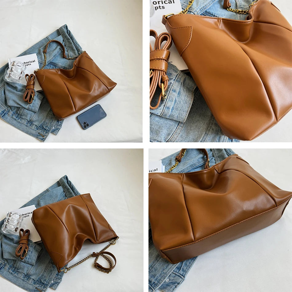 Vintage Women Soft PU Leather Shopper Bag Large Capacity Shoulder Crossbody Bags
