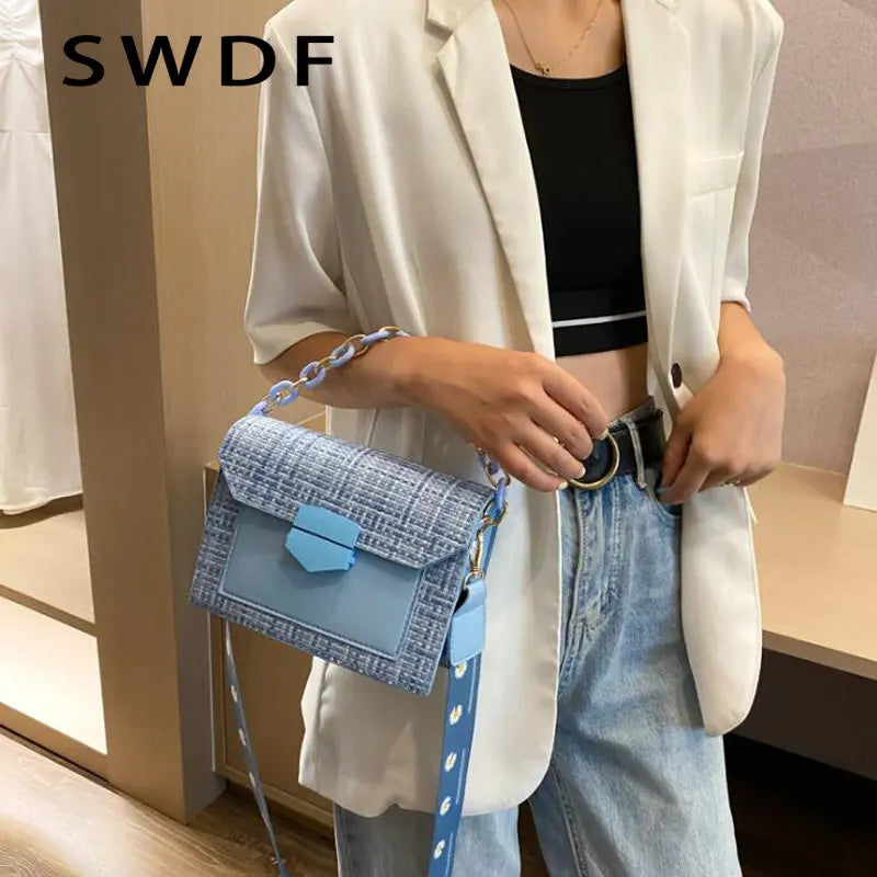 Chain Messenger Crossbody Bags Wide Strap Shoulder Bags