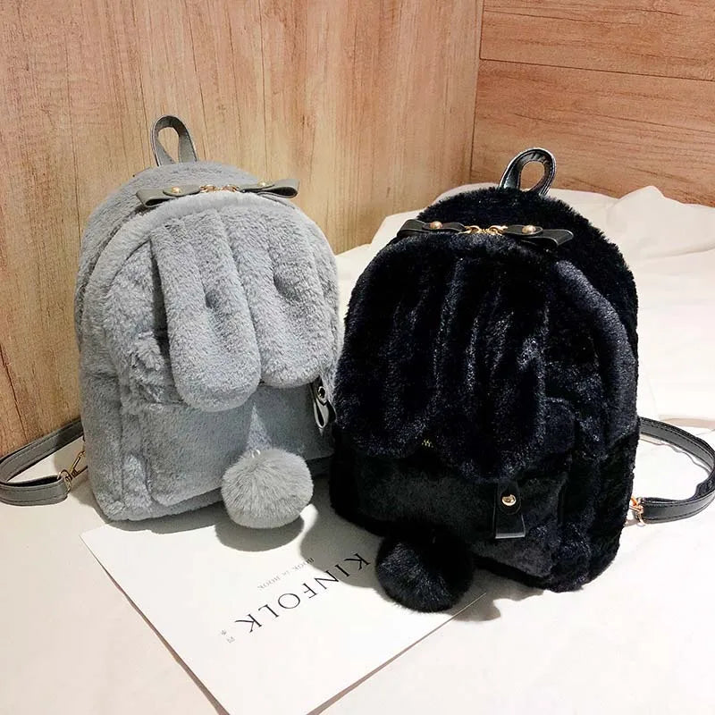 Winter Faux Fur Mini Backpack Rabbit Ear Women Travel Shoulder Bag