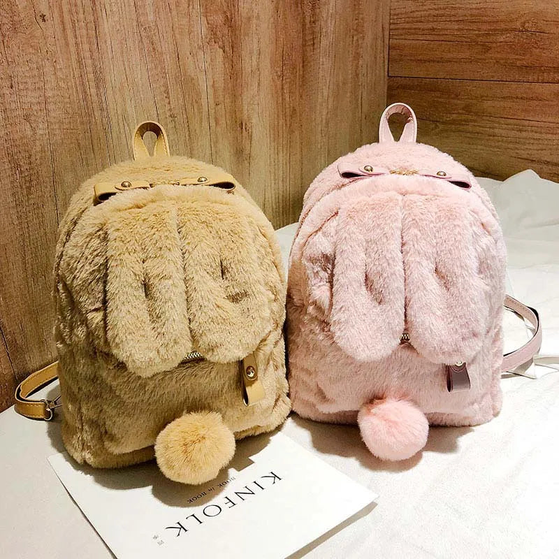 Winter Faux Fur Mini Backpack Rabbit Ear Women Travel Shoulder Bag