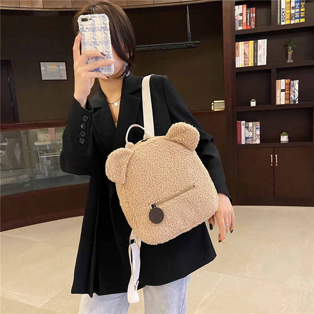 Winter Fleece Cartoon Bear Backpack Women's Shoulder Bag