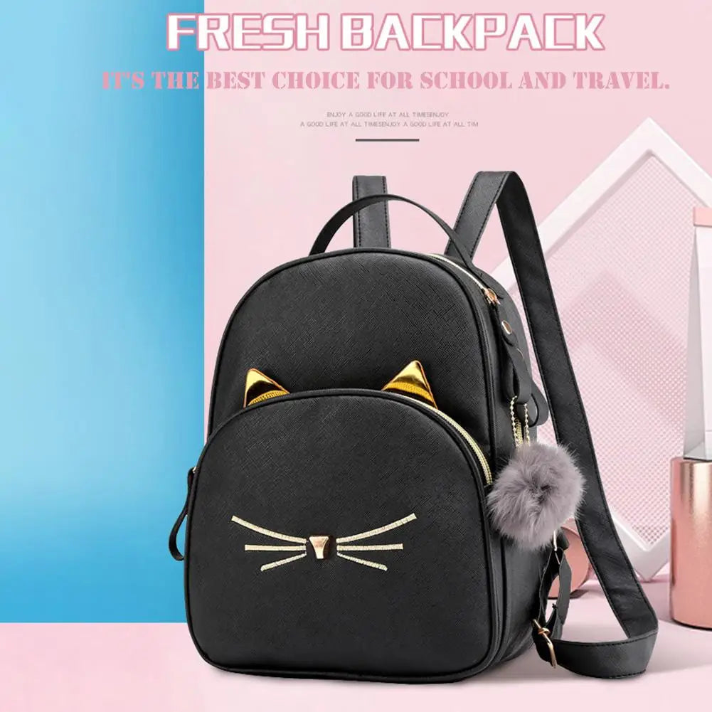 Cartoon Cat PU Leather Women Backpack School Bags