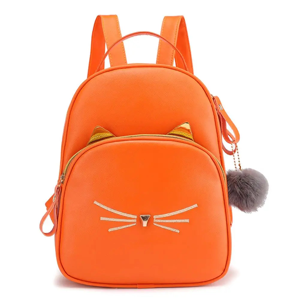 Cartoon Cat PU Leather Women Backpack School Bags