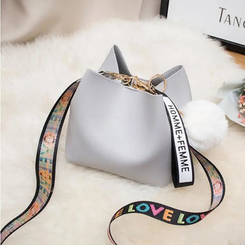 Colorful Strap Bucket Shoulder Bag PU Leather Crossbody Messenger