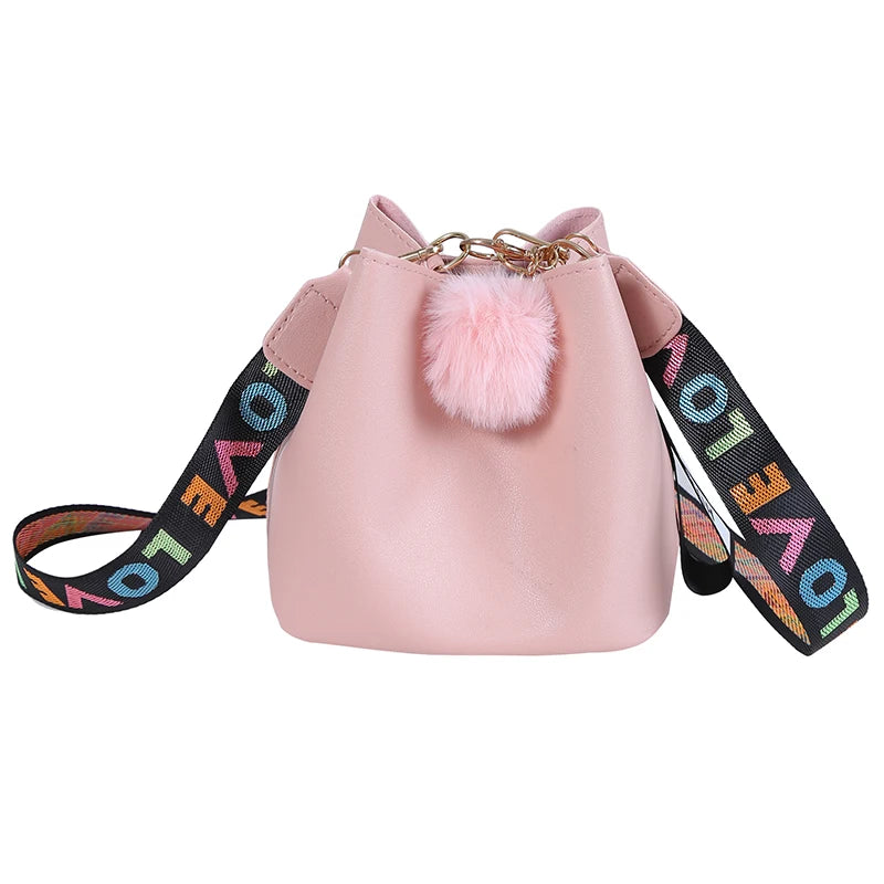 Colorful Strap Bucket Shoulder Bag PU Leather Crossbody Messenger