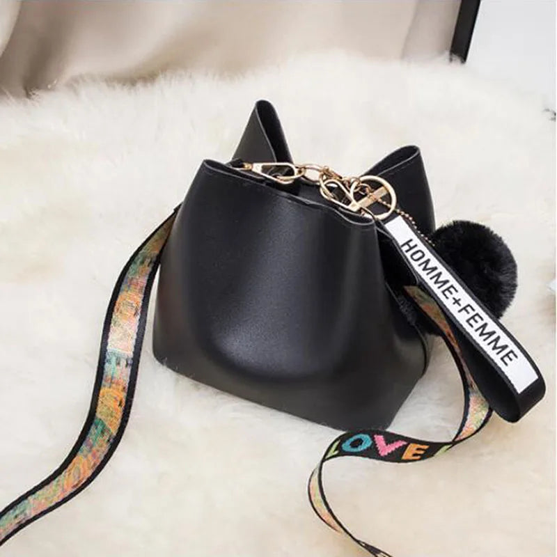 Colorful Strap Bucket Shoulder Bag PU Leather Crossbody Messenger