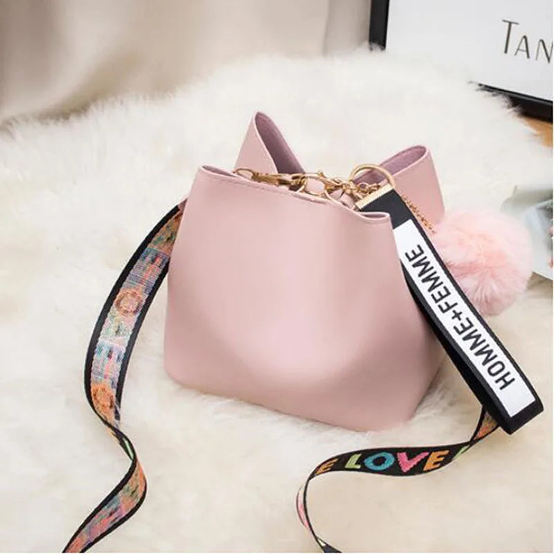 Colorful Strap Bucket Shoulder Bag PU Leather