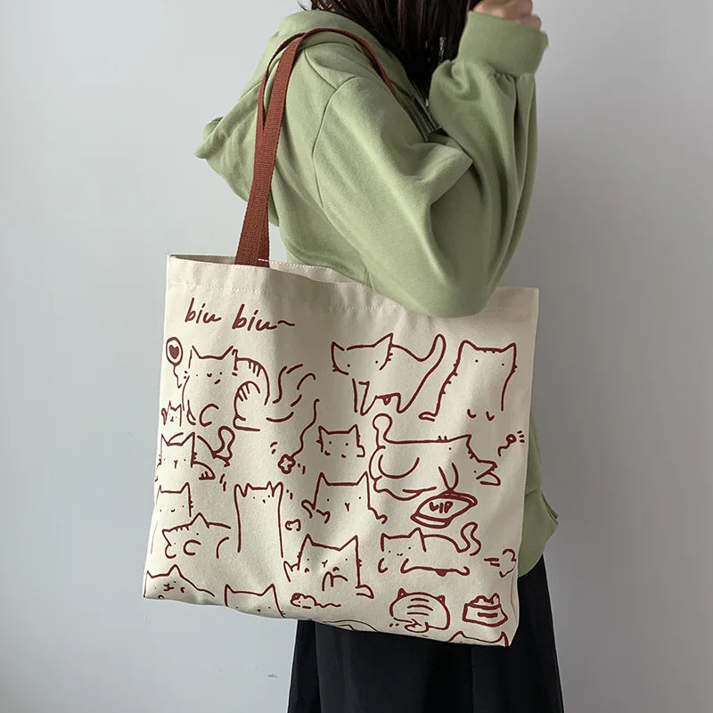 Women Canvas Shopping Bags Eco Reusable Foldable Shoulder Bag Large Capacity