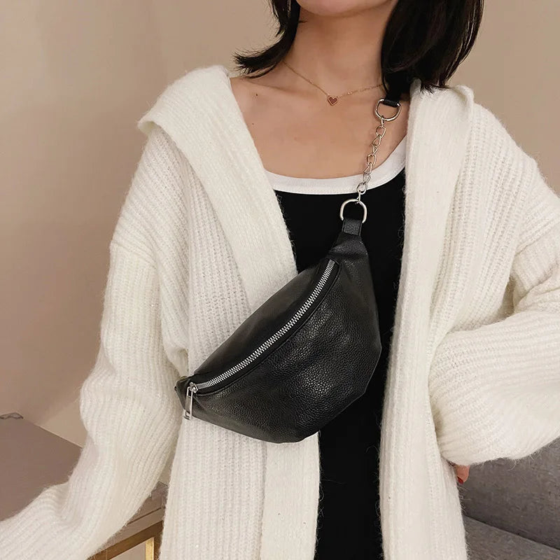 Women Leather Chain Waist Bag Fanny Pack Crossbody Chest Bag