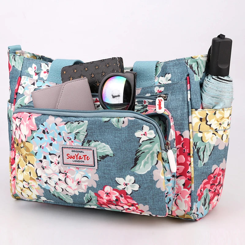 Large Capacity Flower Printed Crossbody Bag Nylon Messenger Tote Handbag