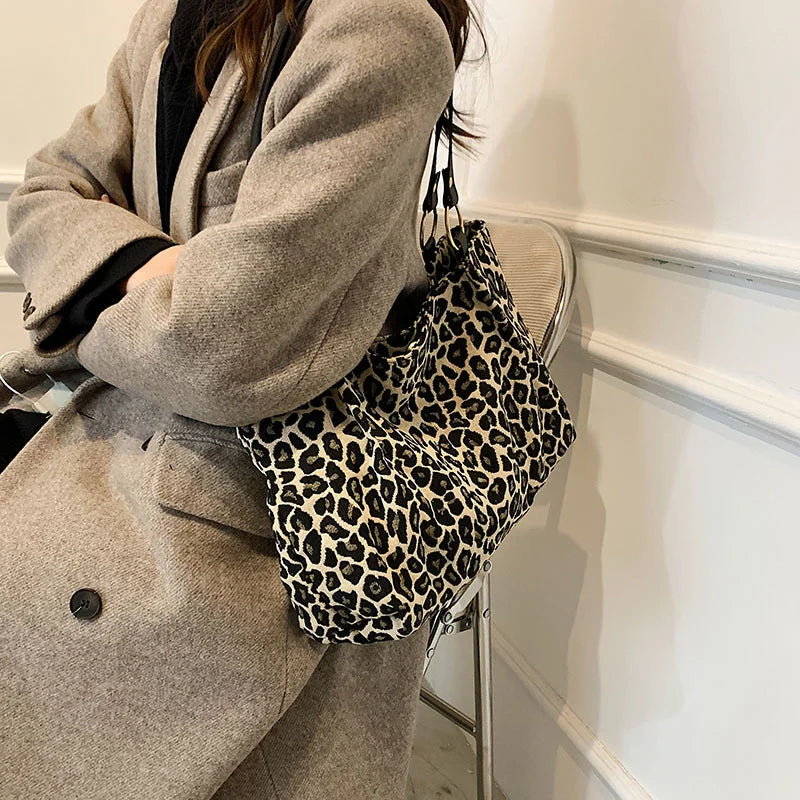 Leopard Shoulder Bags Large Capacity Tote Canvas Shopping Travel Bags