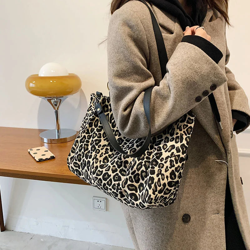 Leopard Shoulder Bags Large Capacity Tote Canvas Shopping Travel Bags