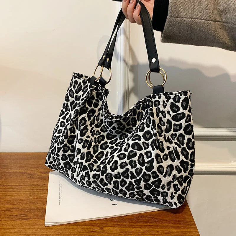 Leopard Shoulder Bags Large Capacity Tote Canvas Shopping Travel Bags