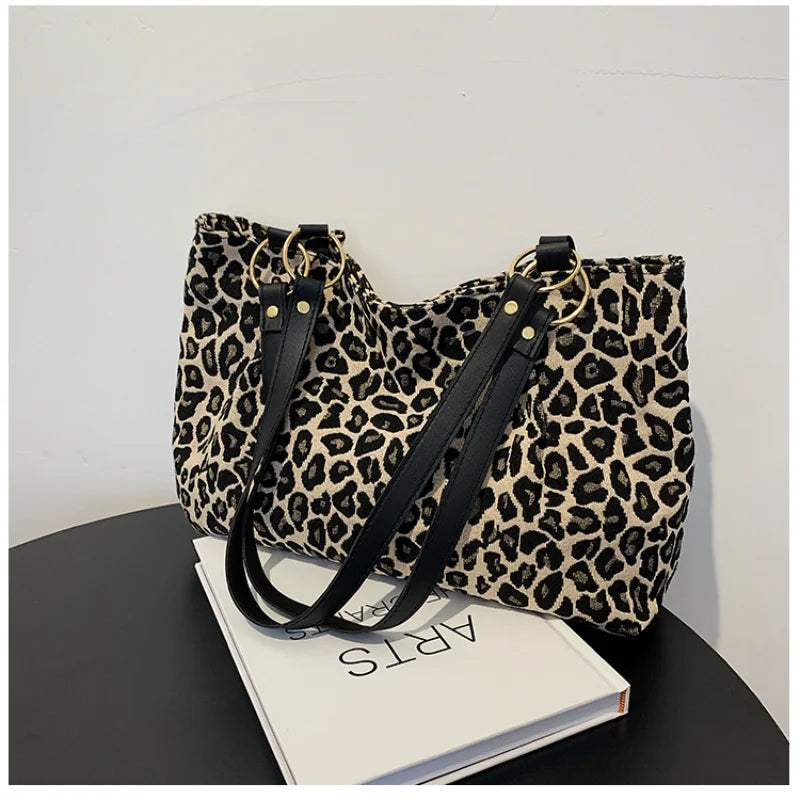 Leopard Shoulder Bags Large Capacity Tote Canvas Shopping Travel Bags