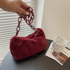Women Plush Shoulder Bag Acrylic Chain Fluffy Travel Handbag