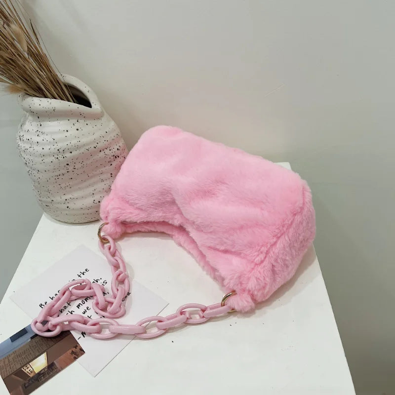 Women Plush Shoulder Bag Acrylic Chain Fluffy Travel Handbag