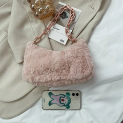 Women Plush Shoulder Bag Acrylic Chain Fluffy Travel Handbag