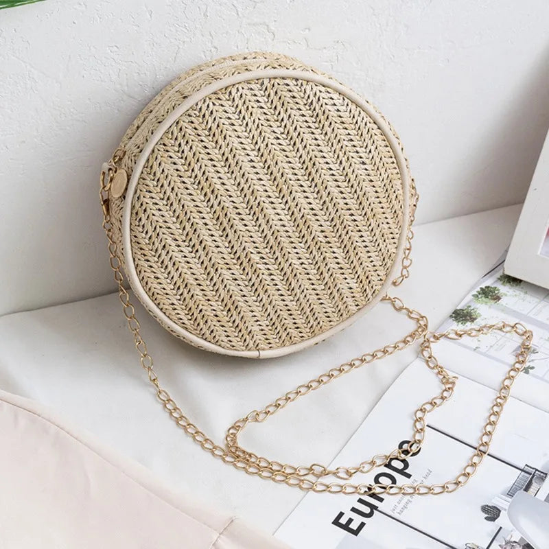 Straw Round Handbag Summer Beach Woven Circle Bohemia