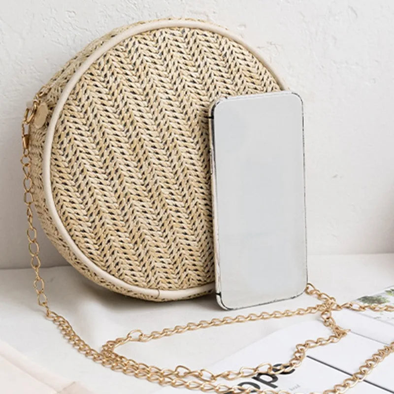 Straw Round Handbag Summer Beach Woven Circle Bohemia