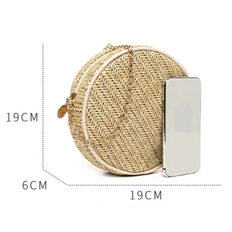 Straw Round Handbag Summer Beach Woven Circle Bohemia