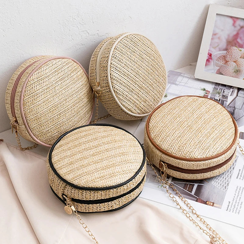 Straw Round Handbag Summer Beach Woven Circle Bohemia