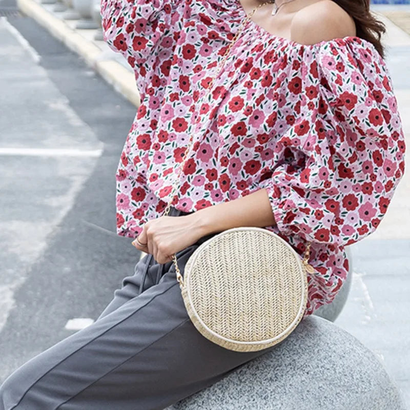 Straw Round Handbag Summer Beach Woven Circle Bohemia