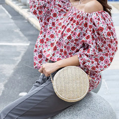 Straw Round Handbag Summer Beach Woven Circle Bohemia