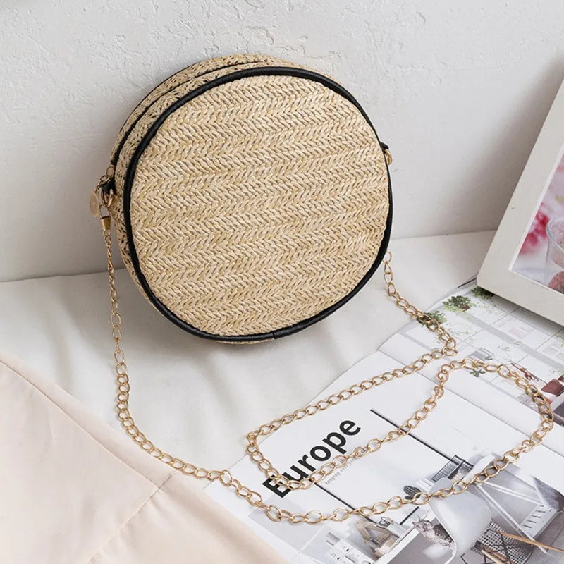 Straw Round Handbag Summer Beach Woven Circle Bohemia
