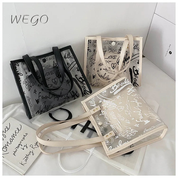 Women's Transparent Graffiti Shoulder Messenger Bag Large Capacity Tote