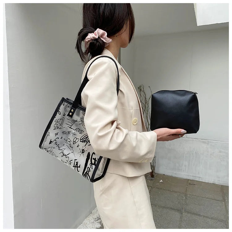 Women's Transparent Graffiti Shoulder Messenger Bag Large Capacity Tote