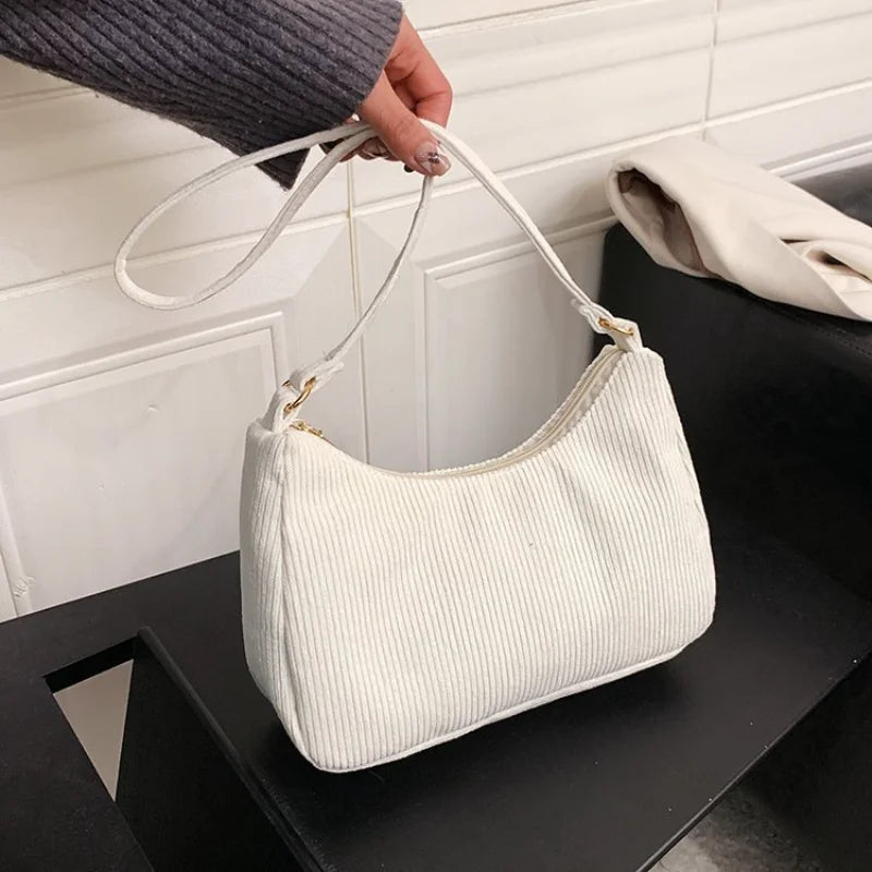 Retro Corduroy Shoulder Bag for Women Daily Use
