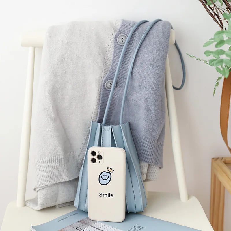 Women's Solid Pleated Crossbody Phone Bag Soft PU Leather Mini Ladies Purses