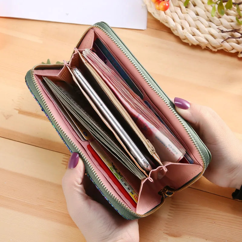 Sequins Patchwork Letter Wallets PU Leather Tassel Rivet Clutch Bag