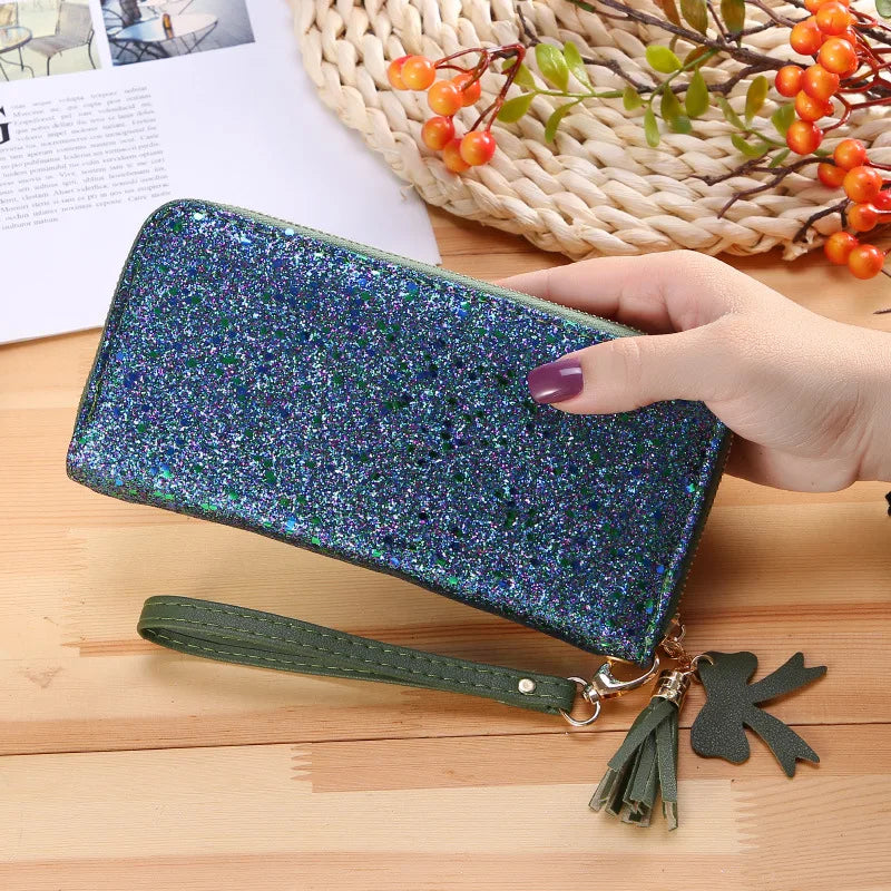 Sequins Patchwork Letter Wallets PU Leather Tassel Rivet Clutch Bag